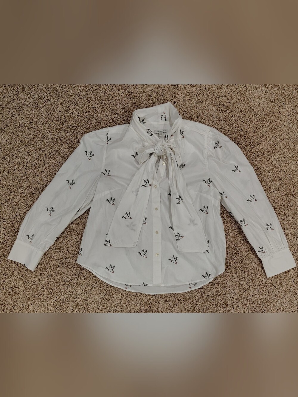 White Tie-Neck Blouse with Duck Print
